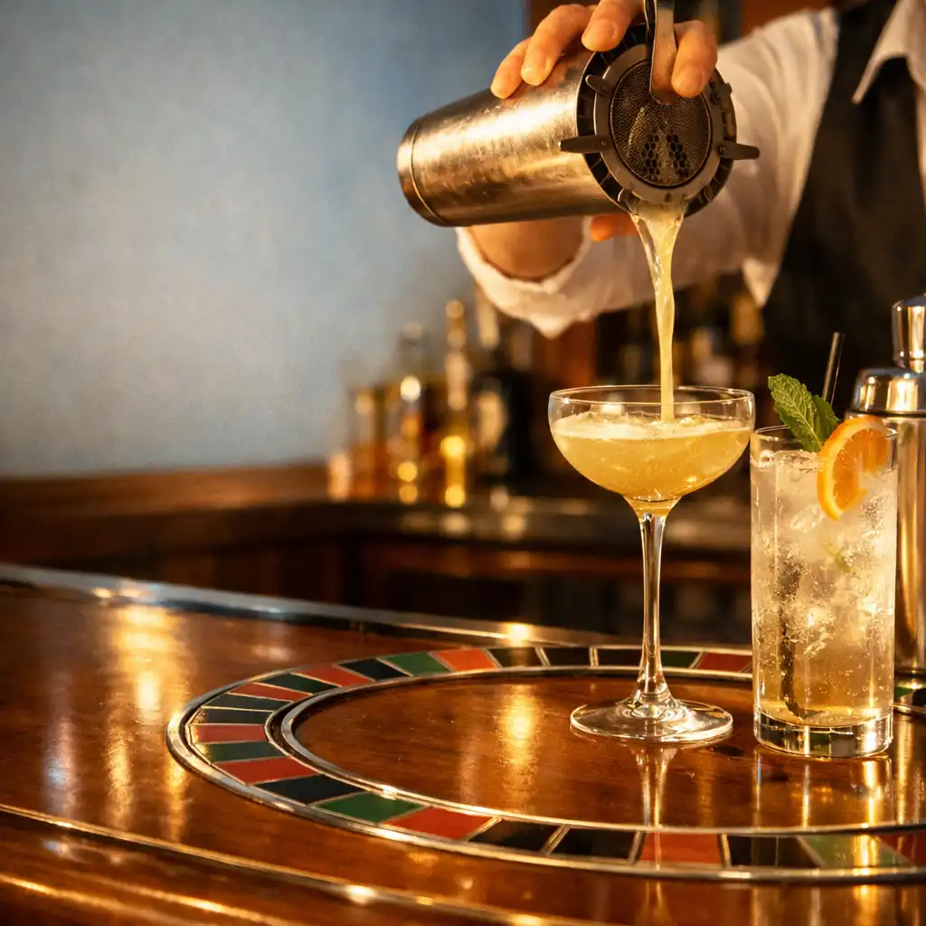 Barman nalewający koktajl obok eleganckiego napoju bezalkoholowego